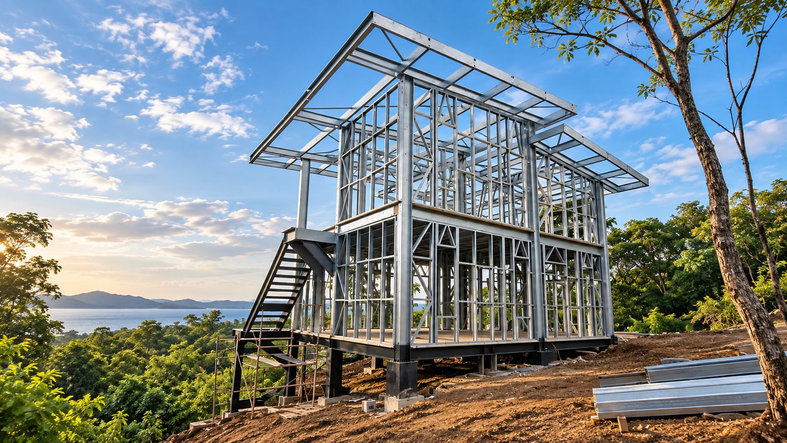 Estructura completa de una vivienda de dos niveles en steel framing sobre lote en ladera, con perfiles de acero con recubrimiento Zn-Al-Mg y cubierta